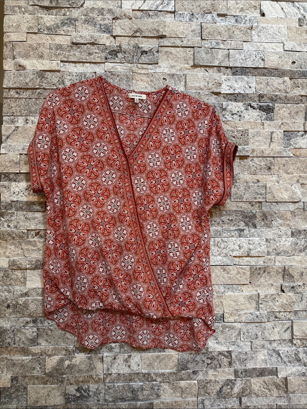 Max Studio Rust-Red Printed Wrap Blouse